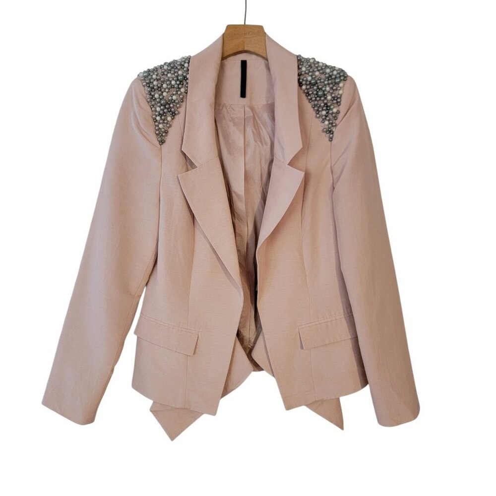 ASOS Design Blazer‎ Baby Pink Open Assymetric Beaded Shoulders Us Sz 10 UK 14
